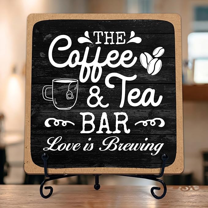 Coffee Bar Sign, Love is Brewing Farmhouse Tabletop Decor, Coffee and Tea Lover Gifts, 5x5 Wood Plaque with Iron Stand for Home Kitchen Cafe, Coffee Bar Decor – L04