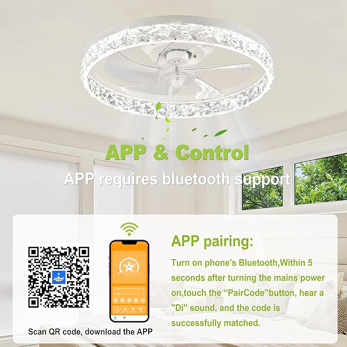 DAMINY Ceiling Fans with Lights and Remote, 6CCT,Dimmable Low Profile Ceiling Fan with Light, Flush Mount Bladeless Ceiling Fan,6 Speeds,20 inch White Modern