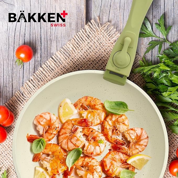 Bakken 15-Piece Non-Stick Cookware Set with Detachable Handles – Granite Stackable Pots and Pans Set, Dish Washer Safe, Oven-Safe, and Compatible Kitchen Essential for All Stoves – Green/Cream
