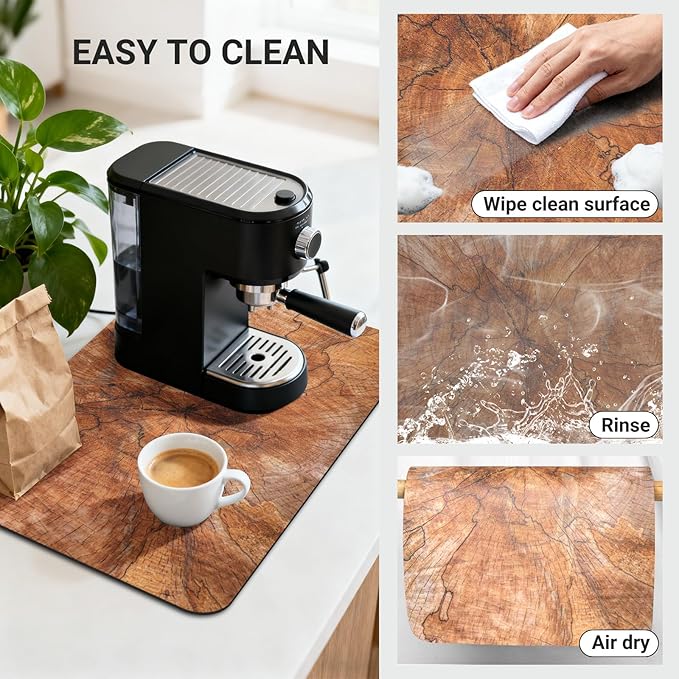 Coffee Mat 24x16 Inch, Wood Grain Coffee Placemat, Absorbent Hide Stain Rubber Backed Dish Drying Mat for Kitchen Counter, Bar Mats for Countertops, Under Coffee Bar Maker Machine Pot Espresso Staion