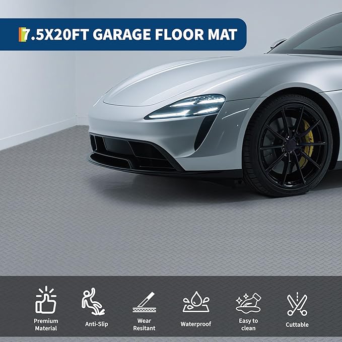 GarveeTech 7.5x20 FT Garage Floor Mat, 2.8mm Thickened Non-Slip PVC Garage Mat Roll, Diamond Plate Floor Protector Mat with 33FT Tapes for Garage, Under Car Parking Mat for SUVs, Trucks, Sports Car