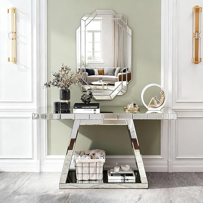 SSLine 2-Piece Set Mirrored Console Table with Wall Mirror, 55" Modern Mirror Entryway Table with Trapezoid-Shape Base, 35.8"x23.8" HD Mirror for Entryway Hallway