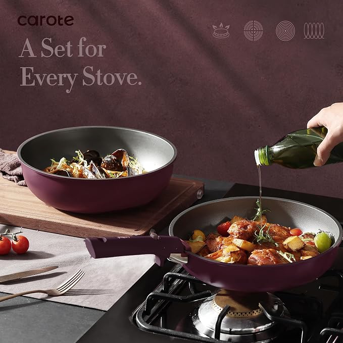 CAROTE 32pcs Pots and Pans Set Non Stick, Detachable Handle Cookware Sets | Bakeware and Kitchen Gadgets, Space Saving, Dishwasher & Oven Safe, Non-Toxic, for Camping/RV/Traveling, Purple