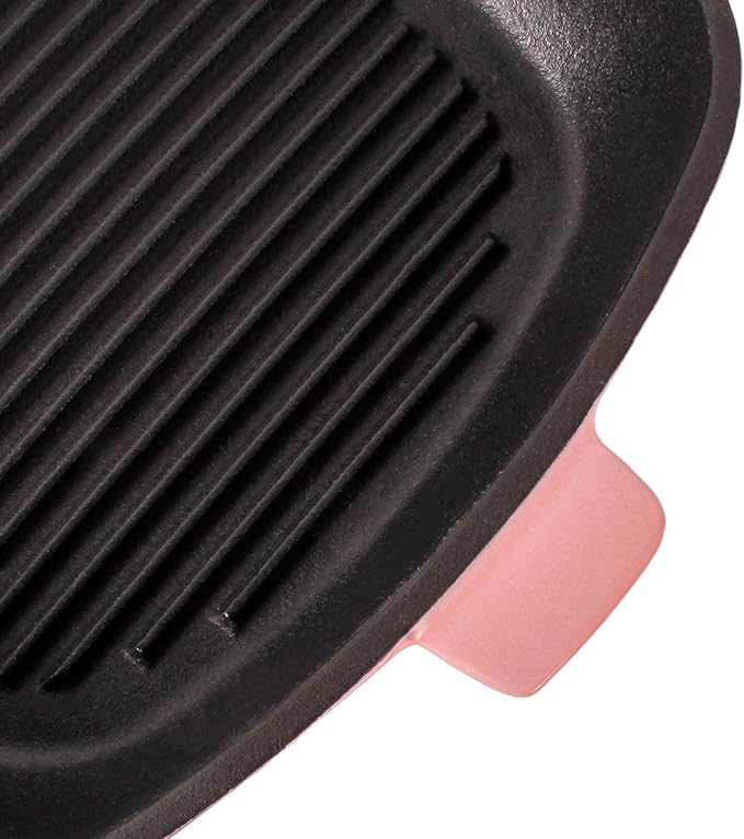 BergHOFF Neo 4Pc Enameled Cast Iron Cookware Set, Grill Pan 11 inches, Fry Pan 10 inches, 3qt. Dutch Oven, Matching Lid, Fast, Evenly Heat, Oven Safe (Pink)