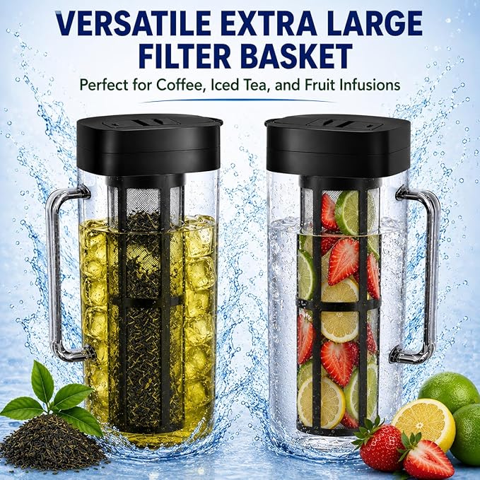SlimFit 64oz Cold Brew Coffee Maker, Leakproof and fits for fridge door, Ergonomic Handle - BPA-Free Plastic with filter, Large 2L capacity, Black (1), Iced Tea Pitcher, Fruit Infused Filter Pitcher