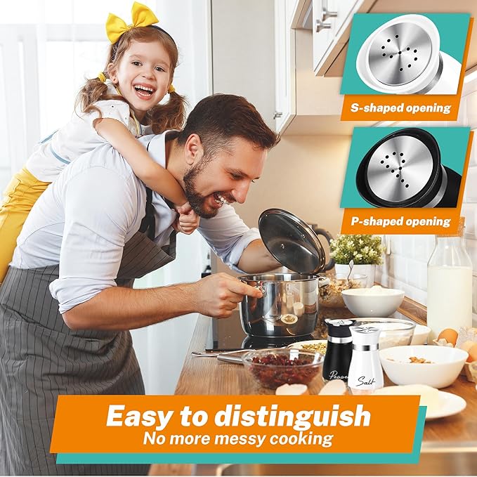 Salt and Pepper Shakers Set,4 oz Glass Bottom Salt Pepper Shaker with Stainless Steel Lid for Kitchen Gadgets Cooking Table, RV, Camp,BBQ Refillable Design (White + Black)