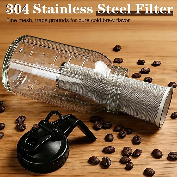 Cold Brew Coffee Maker, 64oz Mason Jar Pitcher with Airtight Lid and Stainless Steel Filter, 2 Quart Wide Mouth Glass Jar Cold Brew Coffee Kit Tea Infuser Pitcher, Coffee Lovers Gifts for Men/Women
