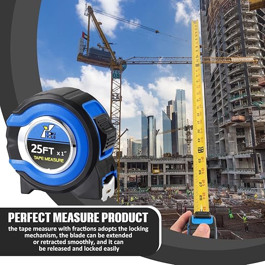 Youyole 5 Pack Tape Measure with Fractions 1/8 Steel Measuring Tape Retractable Easy Read Measurement Ruler Steel Power Blade (25 ft X 1 in,Blue)