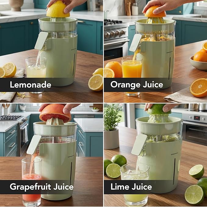 OVENTE Electric Citrus Juicer Machine with Self-Reversing Cones, 40 Watts, 17 oz Capacity, Pulp Control and Easy Pour Spout, Juice Squeezer for Orange, Lemon, Lime or Grapefruit, Green JE44G