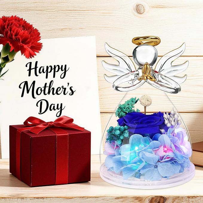 Mothers Day Mom Gifts for Mom,Fresh Flowers for Delivery,Birthday Gifts for Women Her,Preserved Flowers in Angel Figurines,Angel Gifts for Moms Mothers Day Grandma Wife Sister,Light Up Blue Gift