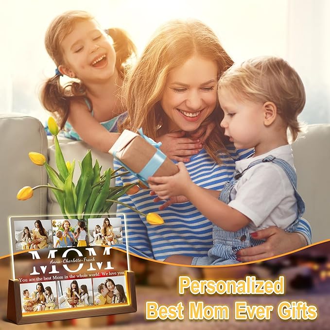 Personalized Mom Gifts For Mothers Day From Daughter Son Husband, Custom Light Up Picture Frame Acrylic Plaque With Photo Name, Customized Birthday Christmas Gifts For Mom Grandma Wife Women