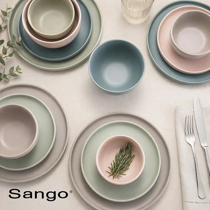 Sango 16-Piece Stoneware Dinnerware Set for 4, Satin Glazed Plates and Bowls Sets with Matte Finish, Ceramic Dish Set, Durable Kitchen Dishes, Microwave & Dishwasher Safe Dining, Rollo Artist's Blend