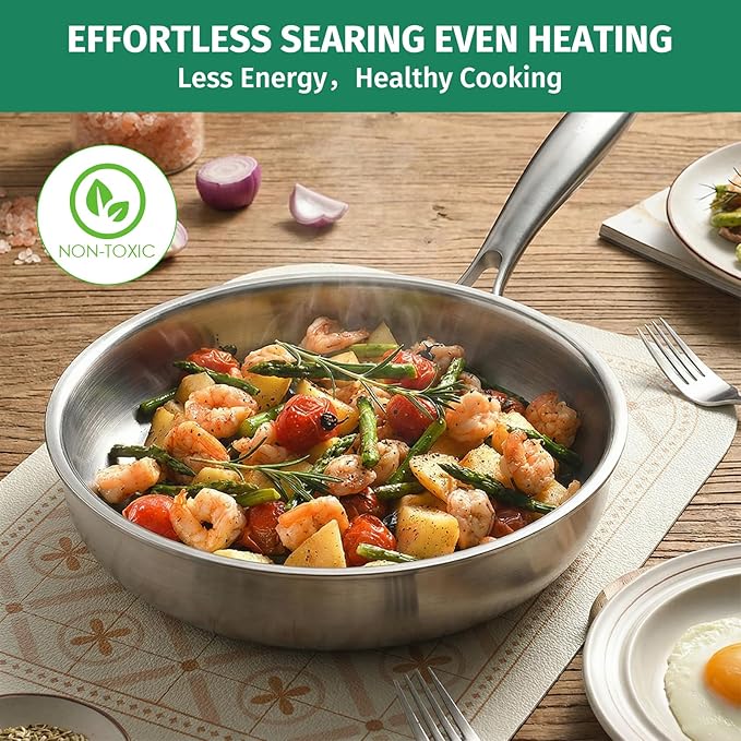 12 Inch Stainless Steel Pan, 5pcs Tri-Ply Stainless Steel Frying Pan with Lid, Dishwasher & Oven Safe, Induction Cooking Skillets, Fast & Even Heat and Detachable Handle
