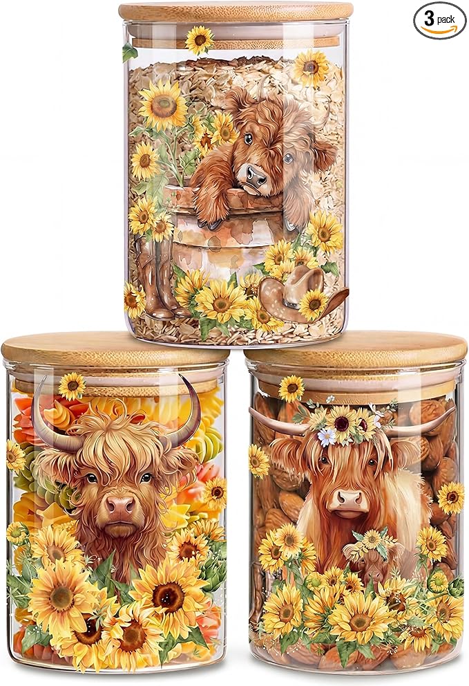 Highland Cow Clear Glass Storage Jar, Airtight Food Canister for Kitchen Countertop, Coffee Tea Sugar Cookie Spice Home Kitchen Organizers, Highland Cow Sunflower Kitchen Decor 3Pack
