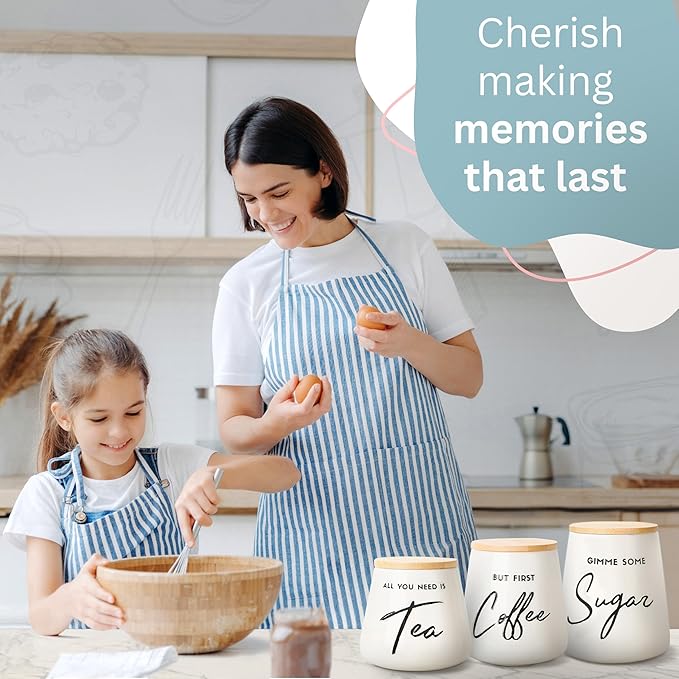 Coffee Tea and Sugar Ceramic Canister Set with Bamboo Lids - 3-Piece Airtight Kitchen Canisters for Countertop - Coffee Bar Container Set, Off-White
