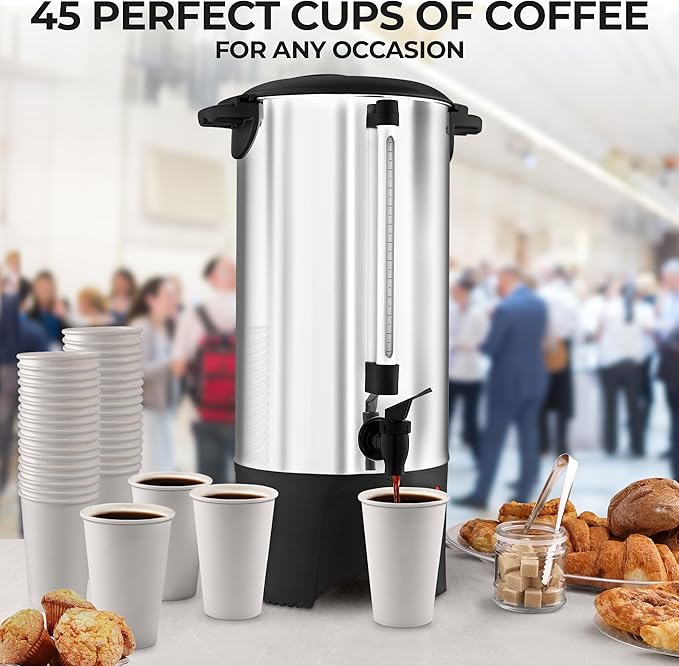 Zulay Commercial 45 Cup Coffee Urn - Stainless Steel Coffee Maker With Twist-Lock Lid & Cool-Touch Handles - Quick Brewing Coffee Maker With Keep Warm Mode For Events & Catering - Silver
