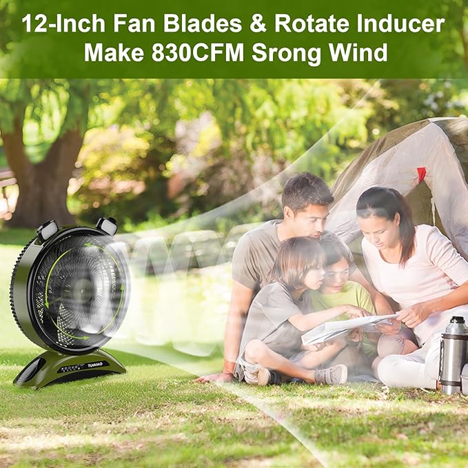 45000mAh Battery Operated Fan with Light, High Velocity Rechargeable Camping Fan, 12-Inch Portable Battery Powered Fan for Tent RV Hurricane, Quiet Use While Charging with Remote Timer, Green