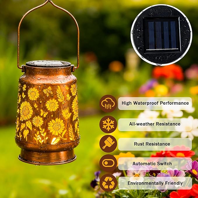 ANYTALK Sunflower Solar Lantern Lights, Outdoor Lanterns Garden Decor, Hanging Solar Lantern for Backyard Porch Patio Table Yard Balcony Lawn Pathway, Gifts for Women Grandma Mom, 1PCS