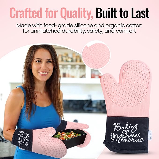 Mitts - Long Slip Resistant Pot Holders - Silicone Oven Mitts - Baking Gloves for Oven - Perfect for Baking, BBQ, Cooking, and Grilling, Oven Mitts Set of 2, 7''x13'' (Pink)