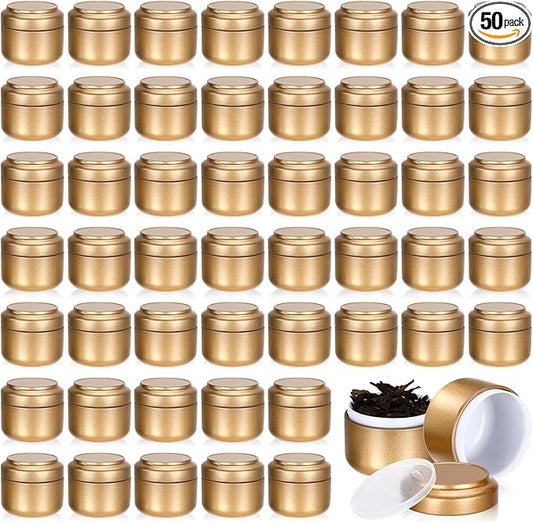 Suclain 50 Pack Small Tea Tin Canisters Bulk with Airtight Double Lids 3.4 oz Mini Leaf Tea Storage Containers Round Metal Tinplate Kitchen Teas Tin Can Box for Loose Teas Coffee Herbs Spices(Gold)