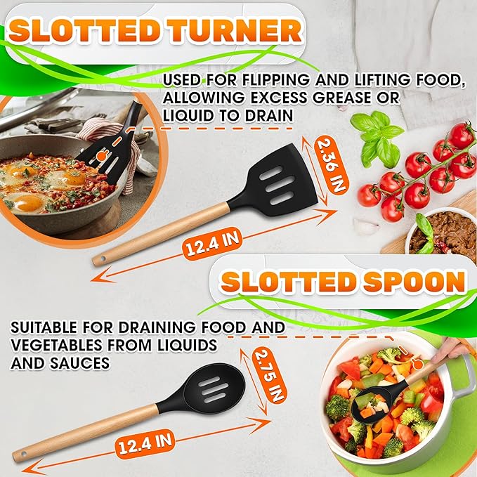 14 PCs Black Silicone Cooking Utensils Set with Holder - Versatile Kitchen Utensils with Sturdy Wooden Handles - Heat Resistance Silicone Kitchen Utensil Set with Holder for All Cooking & Baking Needs