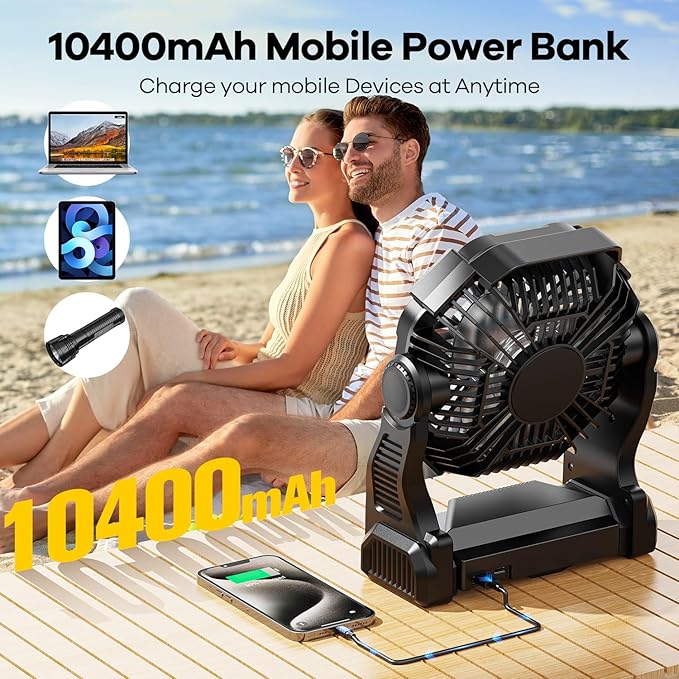 DOWILLDO 15000mAh Portable Battery Powered Camping Fan - with LED Light, Quiet Battery Operated, Camping Gear for Travel, Tent, Beach, Car or Hurricane Power Outages，Black