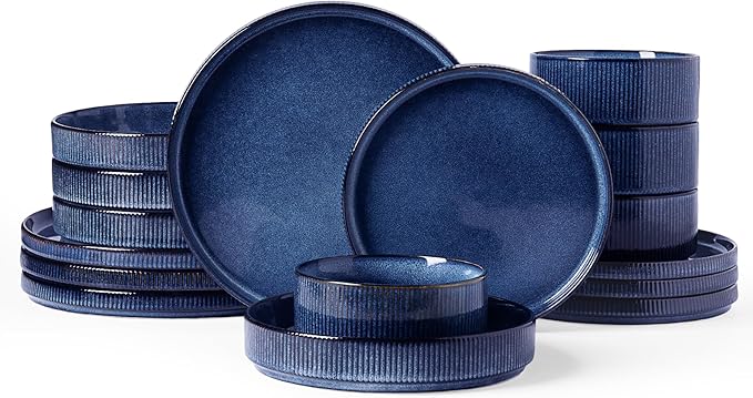Famiware Star 16-Piece Stoneware Dinnerware Set, Service for 4 - Shallow Pasta Bowls & Flat Plates, Modern Rustic Reactive Glaze Dishes, Chip/Scratch Resistant, Microwave/Dishwasher Safe, Nebulas Blue
