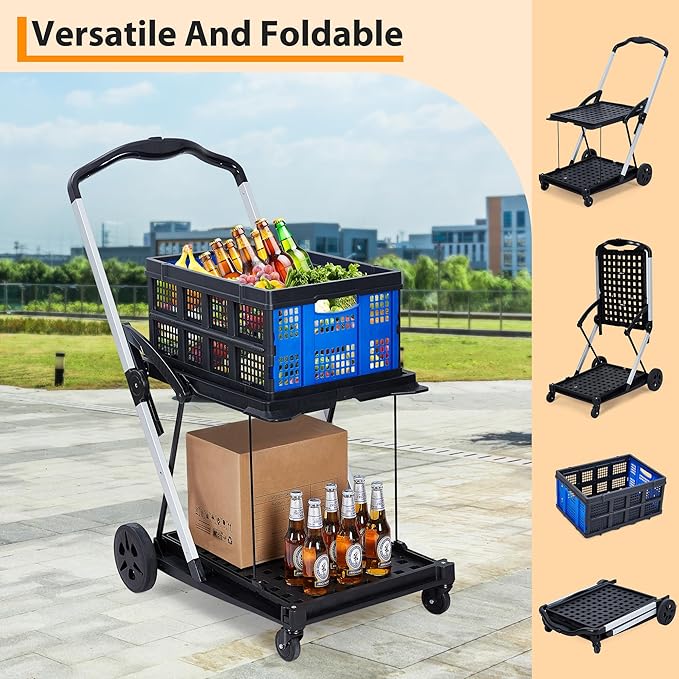 2-Tier Folding Shopping Cart with Wheels, Collapsible Grocery Cart with Removable Crate, Portable Shopping Trolley for Home, Groceries, Garden-Blue