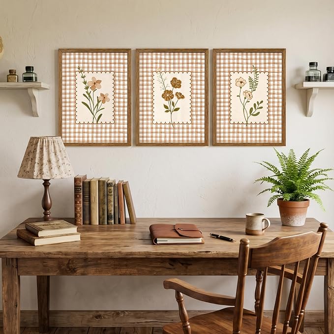 JLTULT Farmhouse Botanical Wall Art Set of 3, Neutral Brown Cottagecore Floral Prints, Wood Framed Wall Decor for Bedroom Living Room Nursery Hallway, 12x16 Inches Each, Ready to Hang