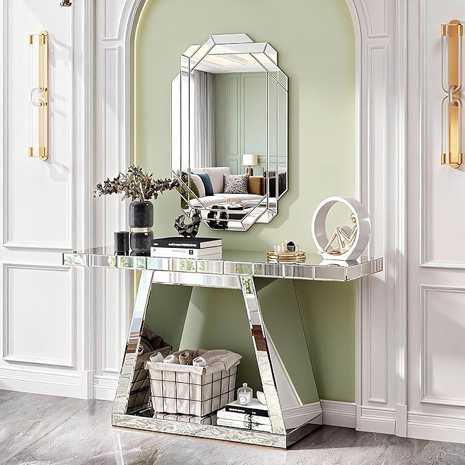 SSLine 2-Piece Set Mirrored Console Table with Wall Mirror, 55" Modern Mirror Entryway Table with Trapezoid-Shape Base, 35.8"x23.8" HD Mirror for Entryway Hallway