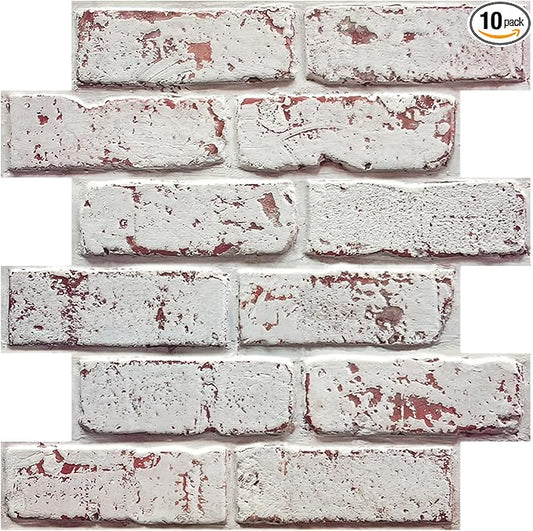 3D Whitewash Brick Wall Panel Peel and Stick,10 Pcs of 12"X12" Small Size Thin PVC Fake Brick Self Adhesive Brick Backsplash Faux Brick Paneling for Interior Wall Decor