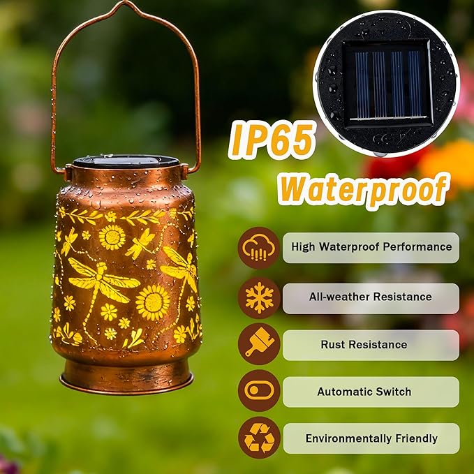 ANYTALK Dragonfly Solar Lantern Lights, Outdoor Lanterns for Garden Decor, Hanging Lantern for Backyard Porch Patio Table Yard Balcony Lawn Pathway, Gifts for Women Grandma Mom, 1PCS