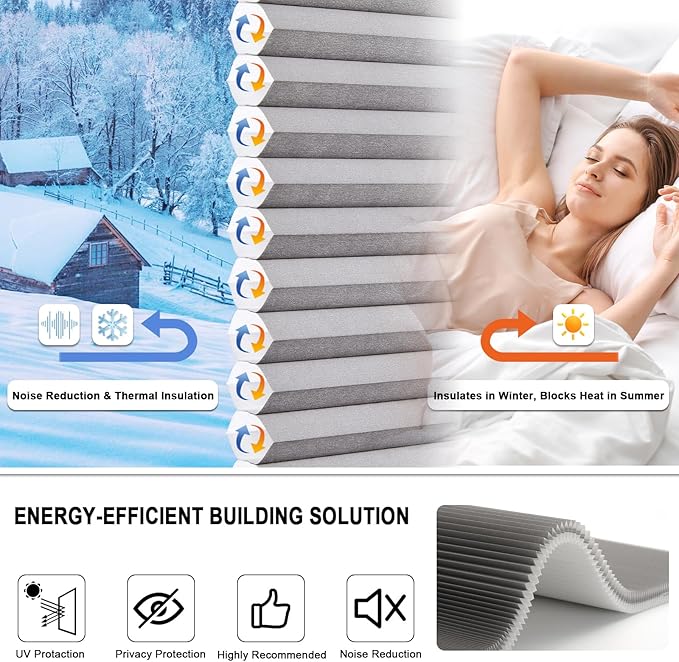 Tonature No Drill Cellular Shades for Indoor Windows, Thermal Insulating & Noise Reducing Honeycomb Blinds, Cordless Free Stop Blinds Light Filtering, Grey,45 1/2" W x 64" H