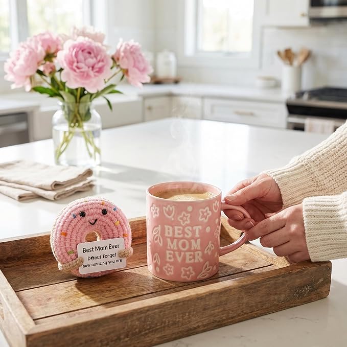 Mothers Day Gifts, Best Mom Ever Gifts for Mom from Daughter, Pink Floral Embossed Pattern Mother's Day Mug and Handmade Donut Crochet Gifts Set