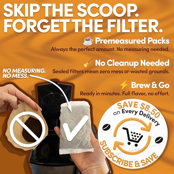Ground Flavored Coffee In Filter Packs | Medium Roast Low Acid Mold Free Pouches | Bulk Packets | Roasted Butter Pecan Crunch | Gourmet Individual Premeasured Coffee Bags for 10-12 Cup Drip Maker