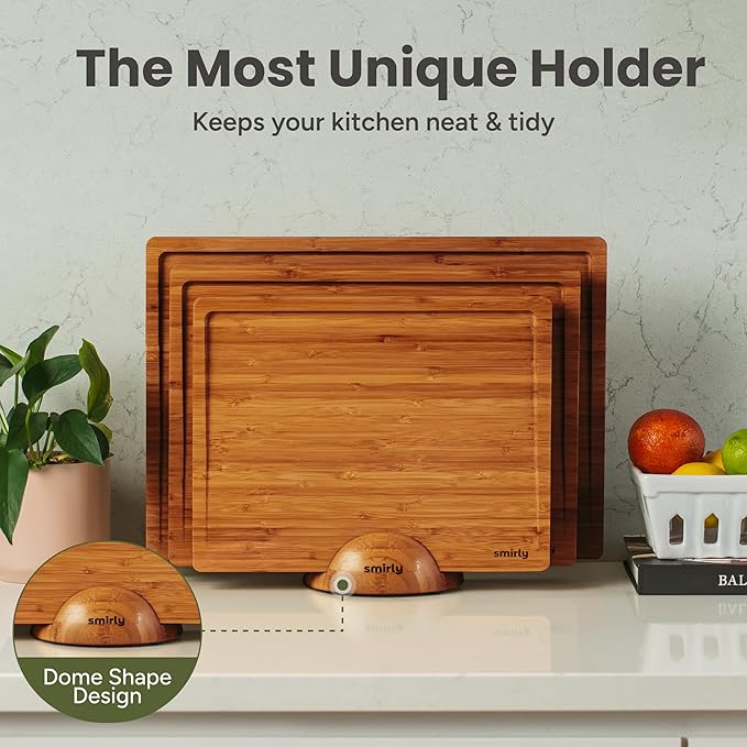 SMIRLY Wood Cutting Boards for Kitchen Wooden Chopping Board Set Reversible with Deep Juice Grooves Grip Handles, Large Charcuterie Tray, New Apartment Essentials, Carbonized Bamboo, 3Pcs with Holder