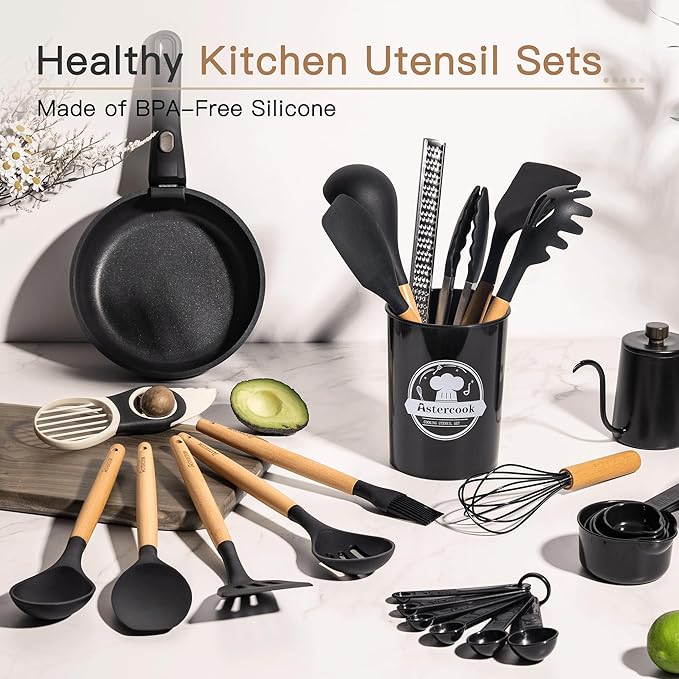 Astercook 39 PCS Kitchen Utensils Set, Silicone Cooking Utensil Sets with Wooden Handle, 446°F Heat Resistant Food Grade Spatula Set, BPA Free Kitchen Gadgets Tools Set for Mothers Day Gifts