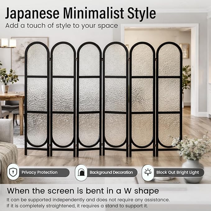 Acrylic Room Divider 6 Panel 67" Tall Arched Room Divider and Privacy Screen with Solid Paulownia Wood Frame, Freestanding Partition Divider for Room Separation, Home, Bedroom - Black
