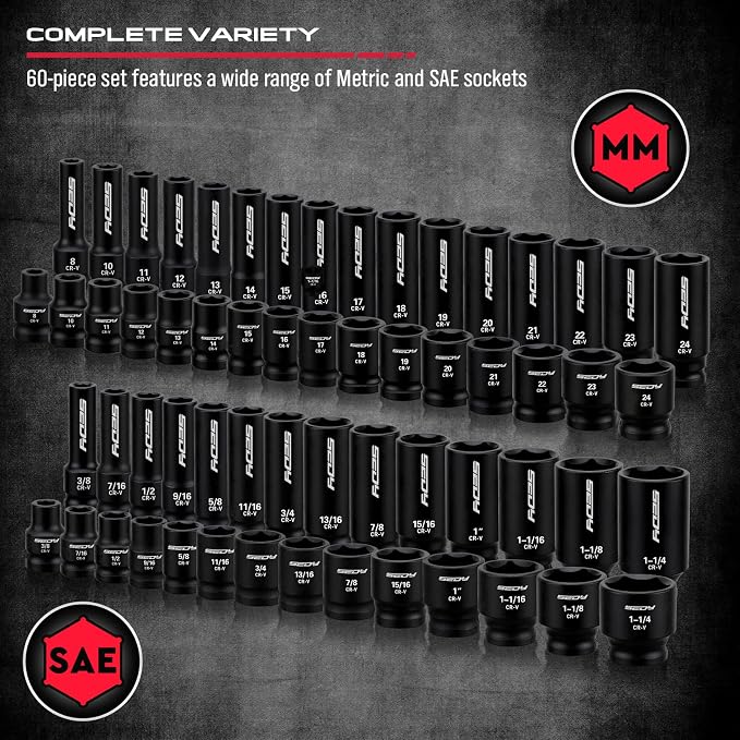 Master 1/2" Drive Impact Socket Set, 67-Piece Standard & Deep Master Impact Socket Set SAE 3/8"-1-1/4" & Metric 8-24mm Socket Set with Ratched Hand, Extension Bar, Reducer, Impact Universal Joint,Cr-V