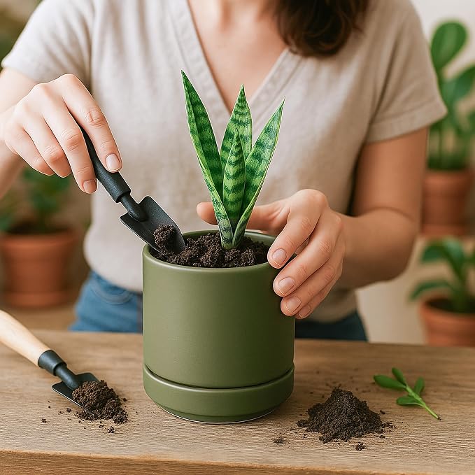 D'vine Dev 4.7 Inch Ceramic Planter Pot, Olive, 94-O-B-J | Modern Cylinder Design, Drainage Hole & Saucer Included, Stable Structure, Elegant Home Accent