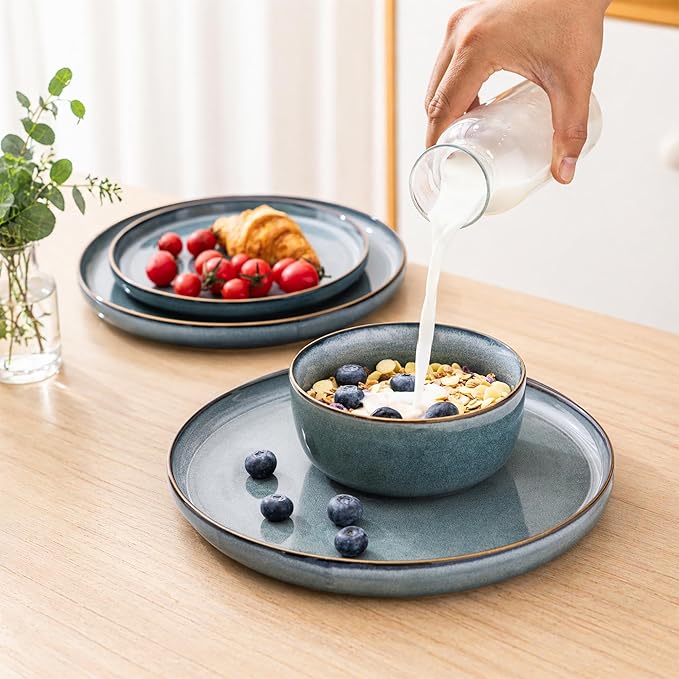 GBHOME 24 Pieces Double Bowls Ceramic Dinnerware Sets for 6, Stoneware Plates and Bowls Set with Reactive Glaze, Scratch Resistant Stoneware Dishes Set, Dishwasher & Microwave Safe