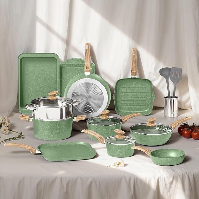 DishDelight 17Pcs Non Stick Pots and Pan Set, Granite Kitchen Cookware Sets, Induction Cooking Pans Set, Green