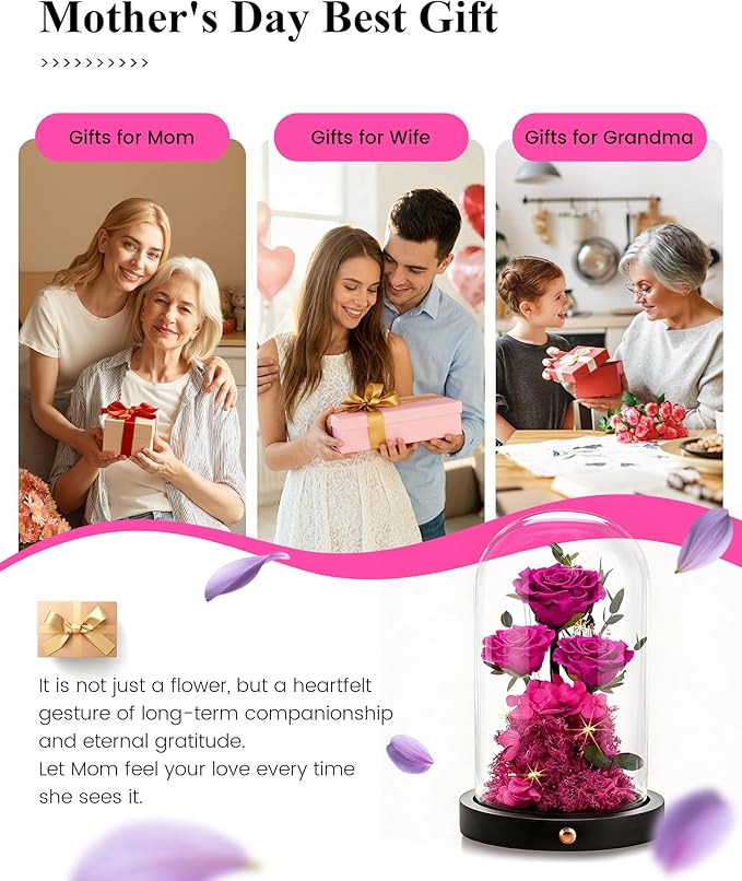 Agrul Mothers Day Flowers Roses Gifts for Mom,Forever Preserved Flower Rose in Glass Dome Fresh Flowers for Delivery Mothers Day Roses Gifts for Wife Women Mom Grandma from Daughter/Rose