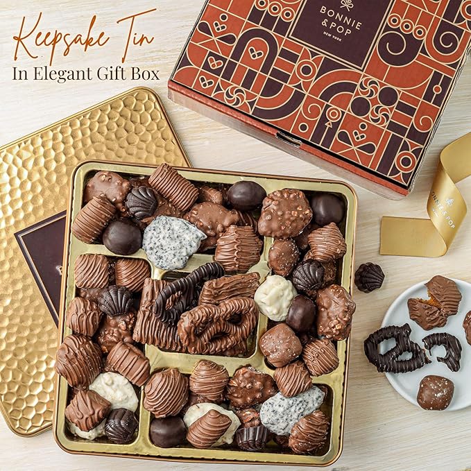 Chocolate Gift Basket, Gourmet Snack Food Box in Keepsake Tin, 2+ lbs of Chocolate, Great for Mothers Day, Birthday, Sympathy, Corporate, Family Parties & Get Well - Bonnie & Pop