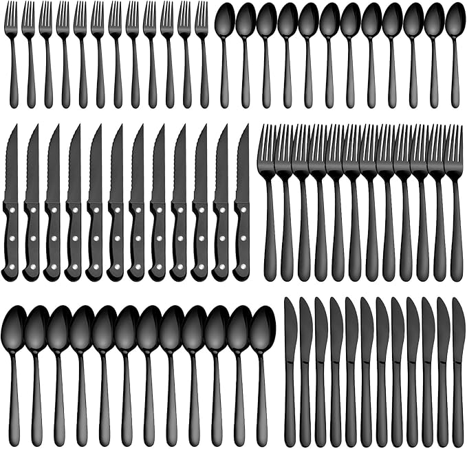 Pleafind 72Pcs Black Silverware Sets for 12 - Dishwasher Safe, Flatware Set with Steak Knives, Stainless Steel Cutlery Set, Include Forks Spoons and Knives Set, Utensil Sets for Home Restaurant