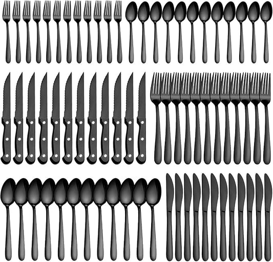 Pleafind 72Pcs Black Silverware Sets for 12 - Dishwasher Safe, Flatware Set with Steak Knives, Stainless Steel Cutlery Set, Include Forks Spoons and Knives Set, Utensil Sets for Home Restaurant