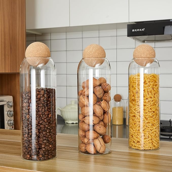 Suclain 6 Pcs Glass Jars with Cork Ball Lid Farmhouse Kitchen Canisters Coffee Bar Countertop Container Rustic Storage Jars for Bean Nut Sugar Coffee Tea Organizer Housewarming Gift (40 oz)