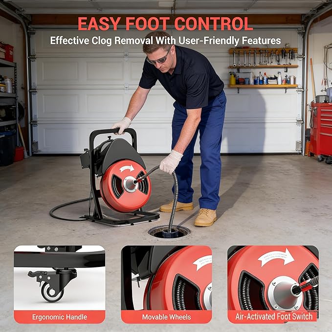 Garvee 50FTx1/2 Inch Drain Cleaner Machine with Wheels, Sewer Snake Electric Drain for 2" to 4" Pipes, Plumbing Snake Auger Cleaner with 6 Cutter & Foot Switch for Sewer, Sink, Toilet, Bathroom