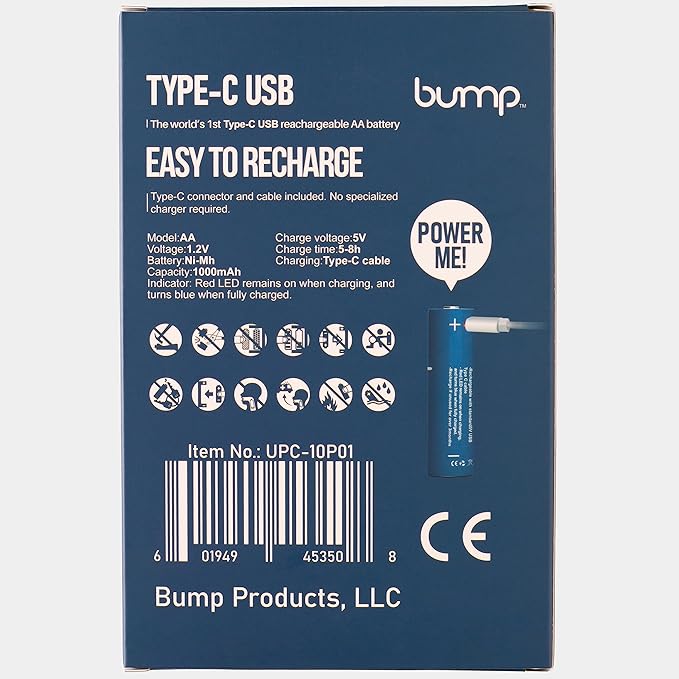 bump NiMH AA Rechargeable Batteries 1.2V - 10 Pack Long-Lasting and Versatile (1000mAh), 4-in-1 USB-C Charging Cords Included - Ideal for Solar Lights, Keyboards, Remote Controls and Xbox Controllers