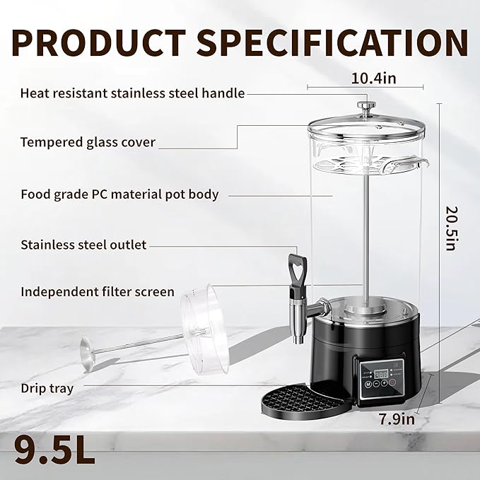 Commercial Coffee Urn Hot Beverage Dispenser Coffee Maker, Food-grade Plastic 9.5 L 60 Cups, Hot Chocolate Machine, Electric Percolator for Catering Hot Water for Hot Cocoa, Drink, Tea, Juice